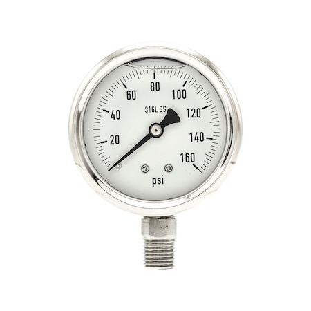 Pro 2 1/2 in Dial, 0/160 PSI, 1/4 in NPT, Lower Mount Glycerin Filled Pressure Gauge PRO-301L-254F